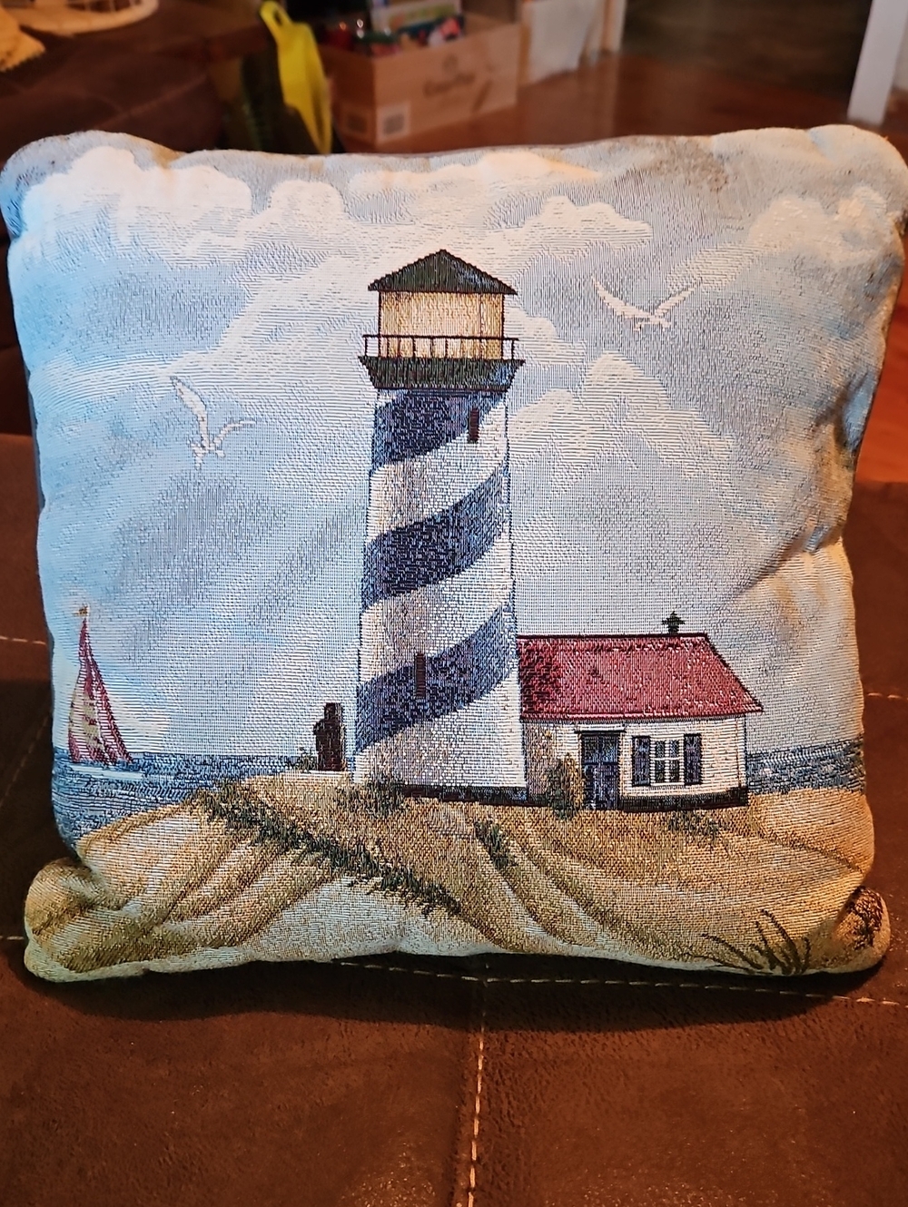 Nautical Lighthouse Decorative Throw Pillow - Blue & Red